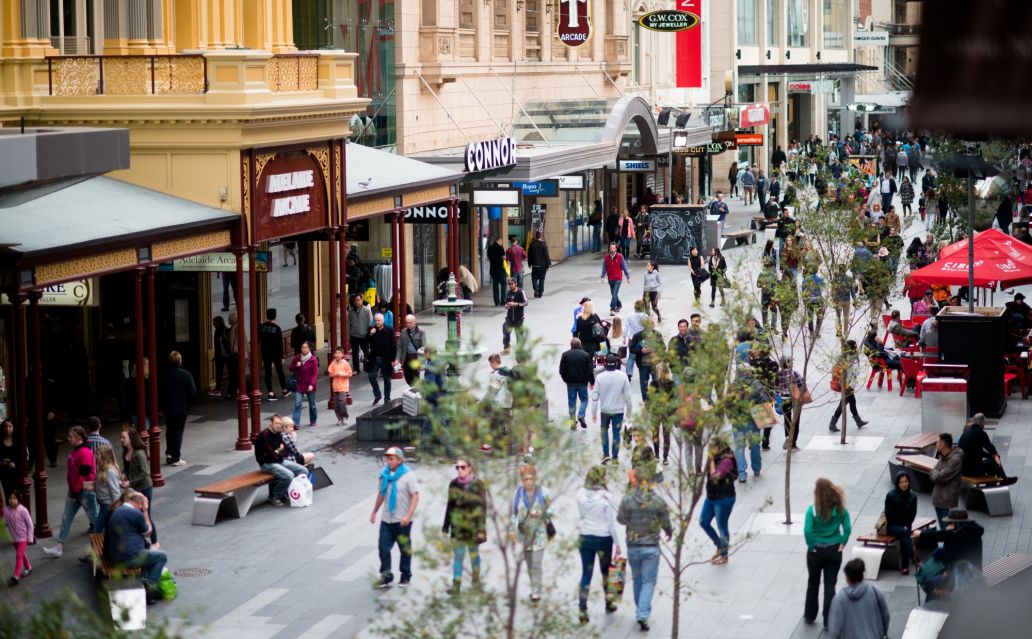 Rundle Mall during the day with people walking through
