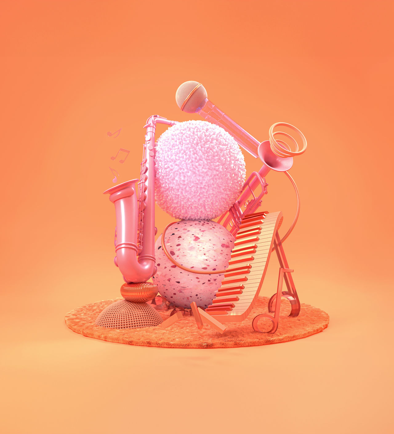 Rundle Mall City Sessions render, of the Malls Balls stacked with different music instruments
