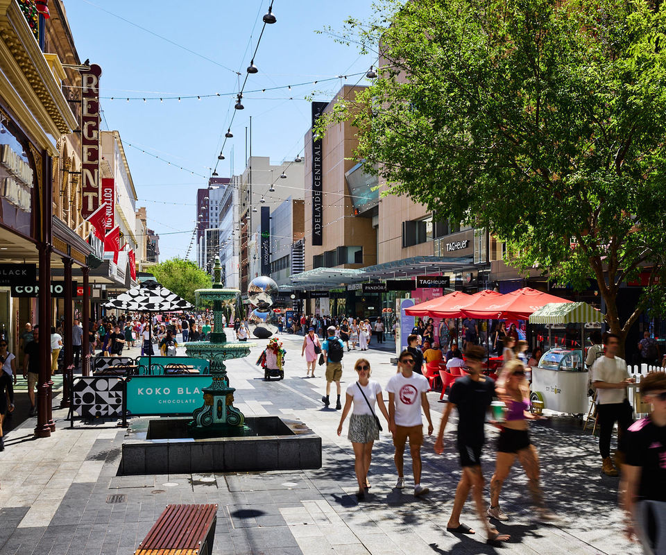 Shopping crowds in a sunny Rundle Mall
