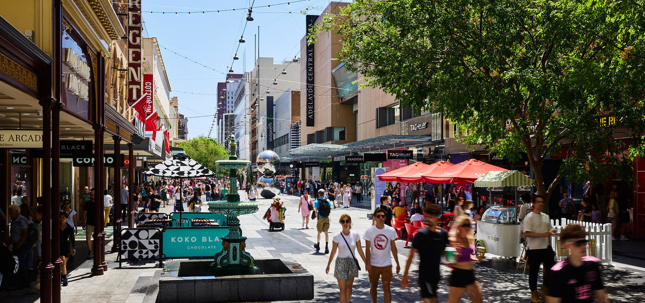 Shopping crowds in a sunny Rundle Mall