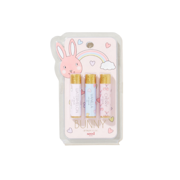 three bunny themed lip balms