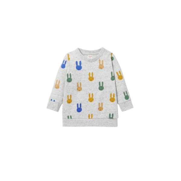 A grey jumper with multi coloured rabbit print