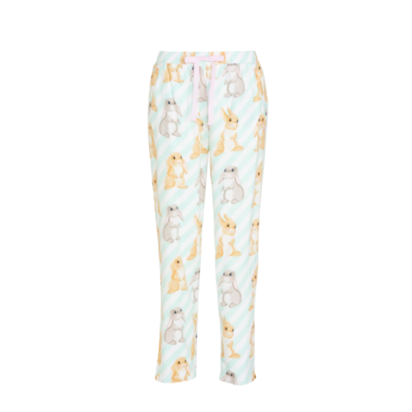 green striped pyjama pants with bunny print
