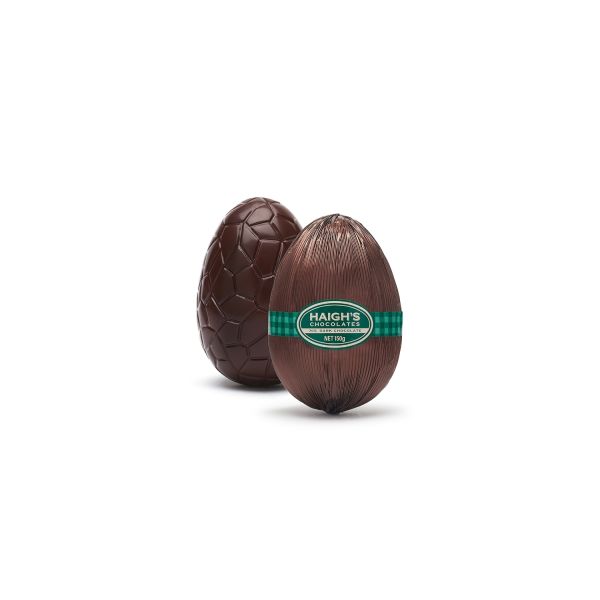 Two dark chocolate Easter eggs. One is wrapped in brown foil with a green band