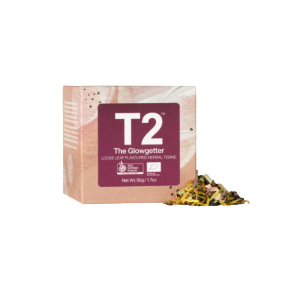 A pink cube box with loose leaf tea
