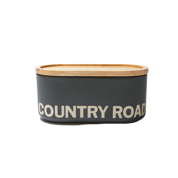 A charcoal grey oblong container with a wooden lid