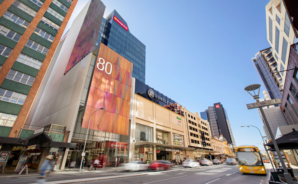 An exterior view of Rundle Mall from the street.