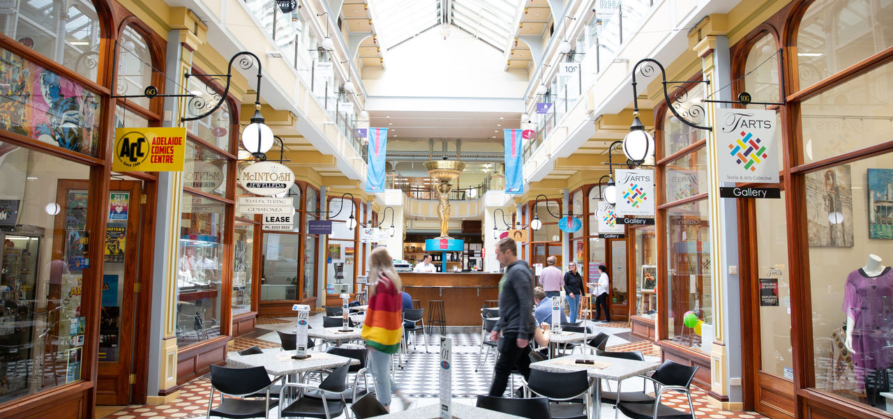 Tables and chairs in Adelaide Arcade