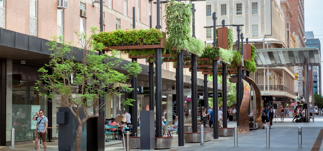 The Flow and Ripple sculptures in Gawler Place