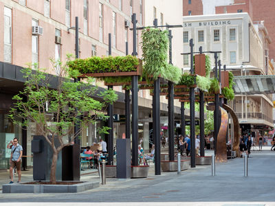 The Flow and Ripple sculptures in Gawler Place