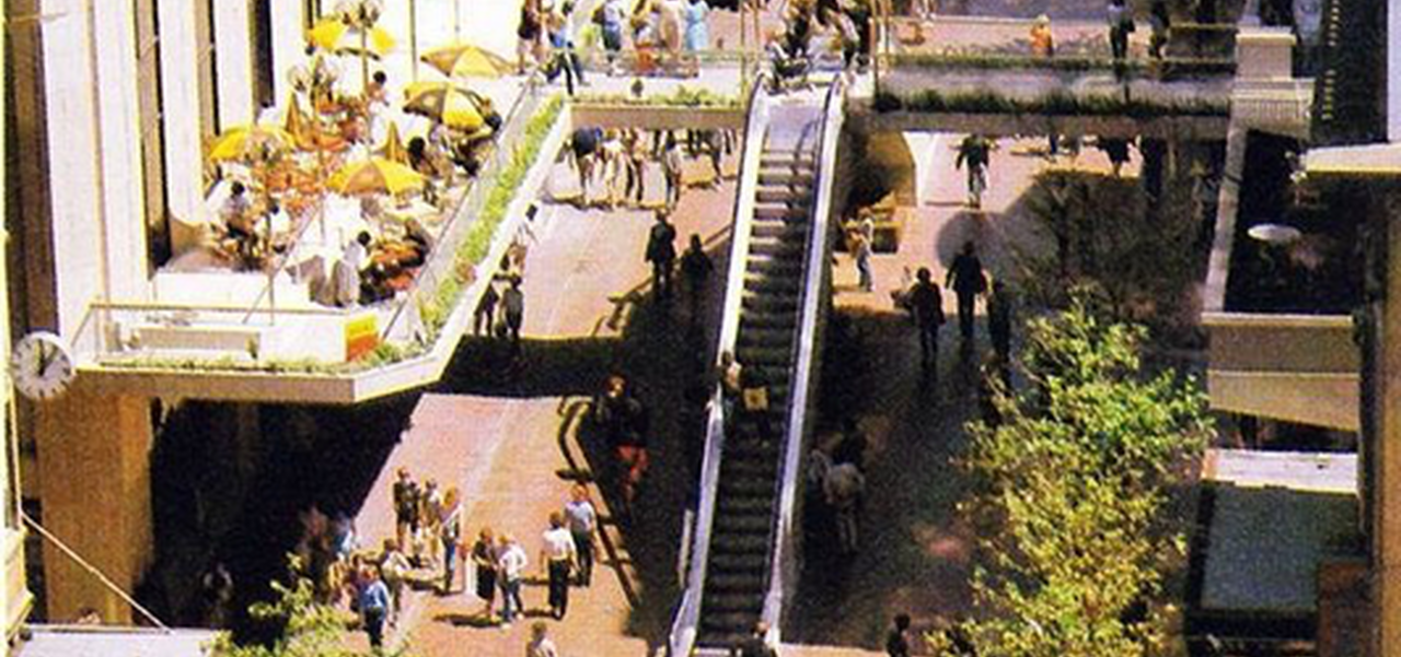 The Rundle Mall escalators and overpass, linking Hotel Richmond and the Renaissance Building.