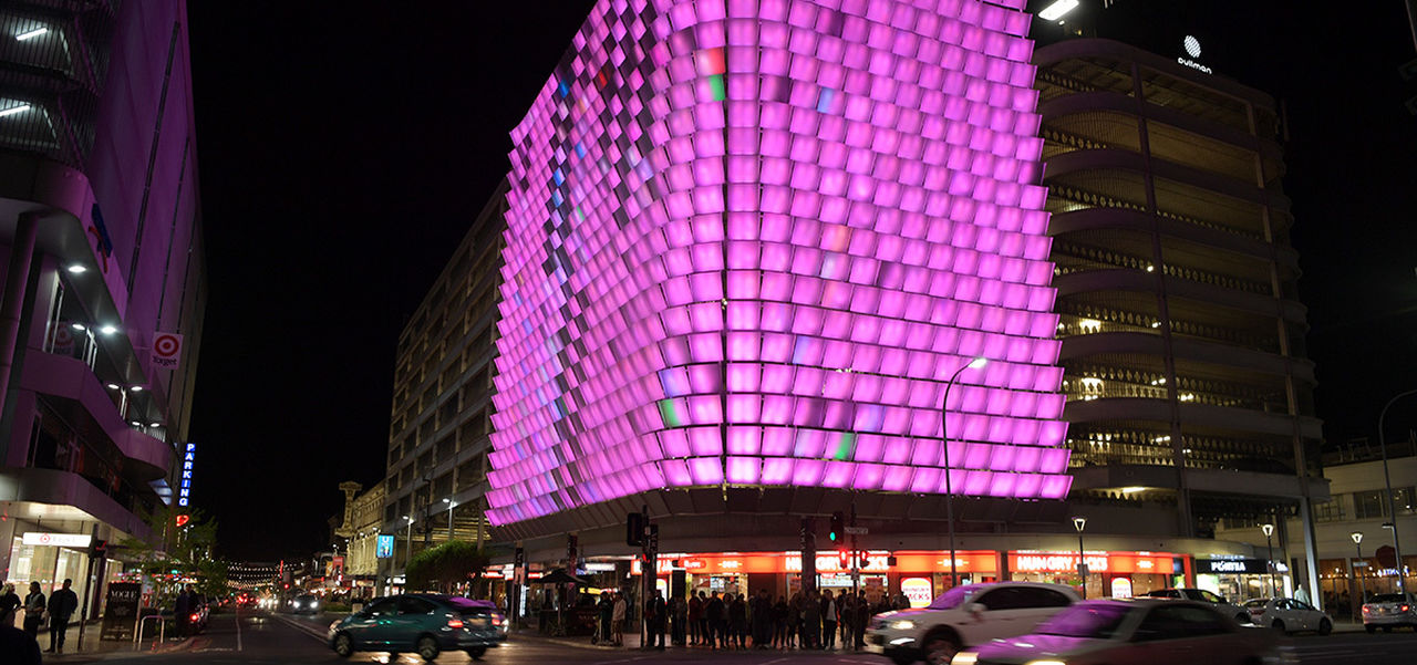 The Rundle Lantern lit up pink
