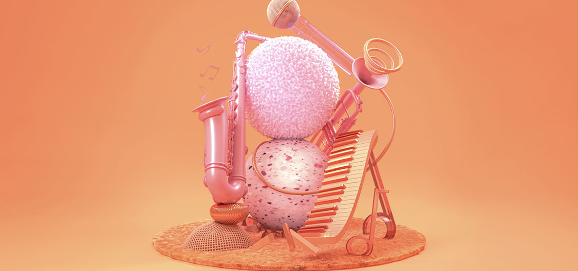 3d render of the Malls Balls with musical instruments around