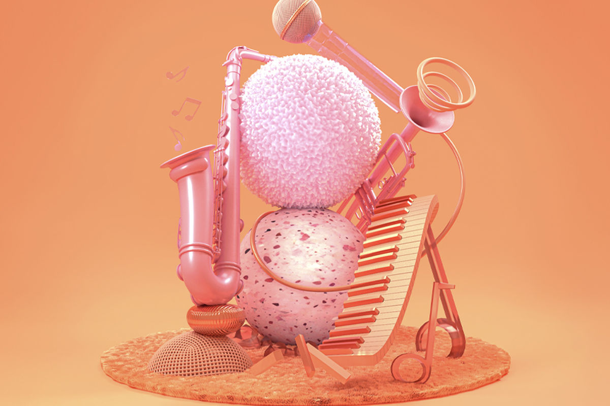 3d render of the Malls Balls with musical instruments around