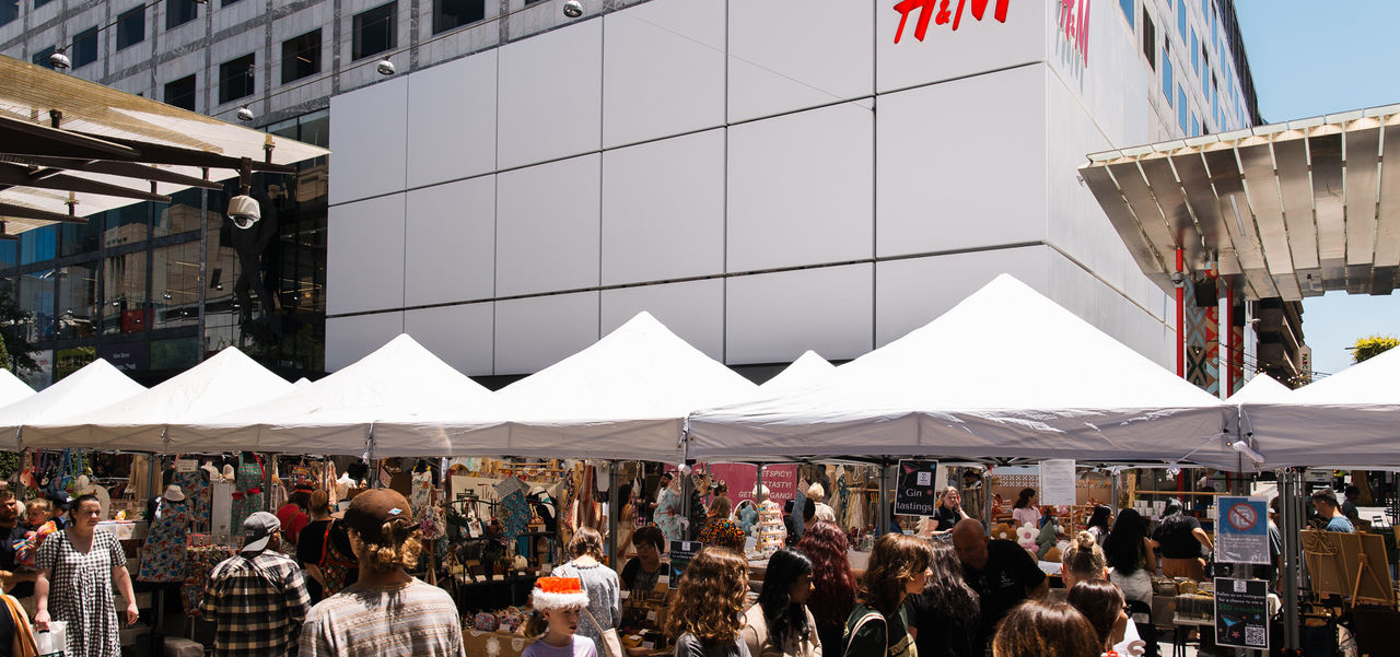 Christmas Market in the Mall with a busy crowd
