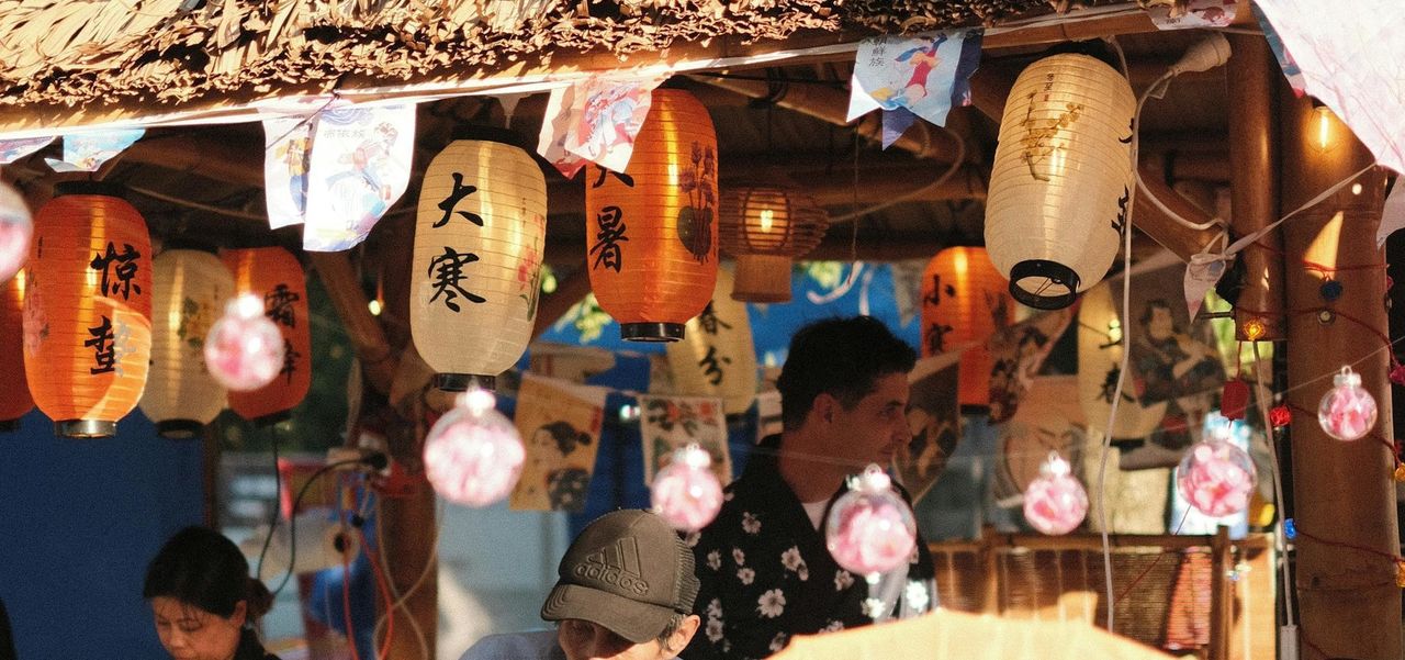 Lanterns hanging in a hut